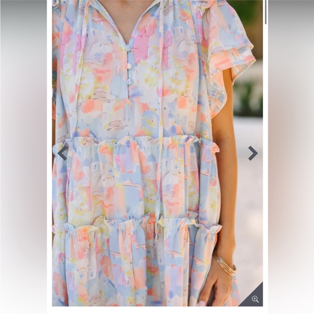 Entro NWOT Pastel Santorini Print Tiered Mini Dress Ruffle Sleeves Babydoll Med - Picture 5 of 8